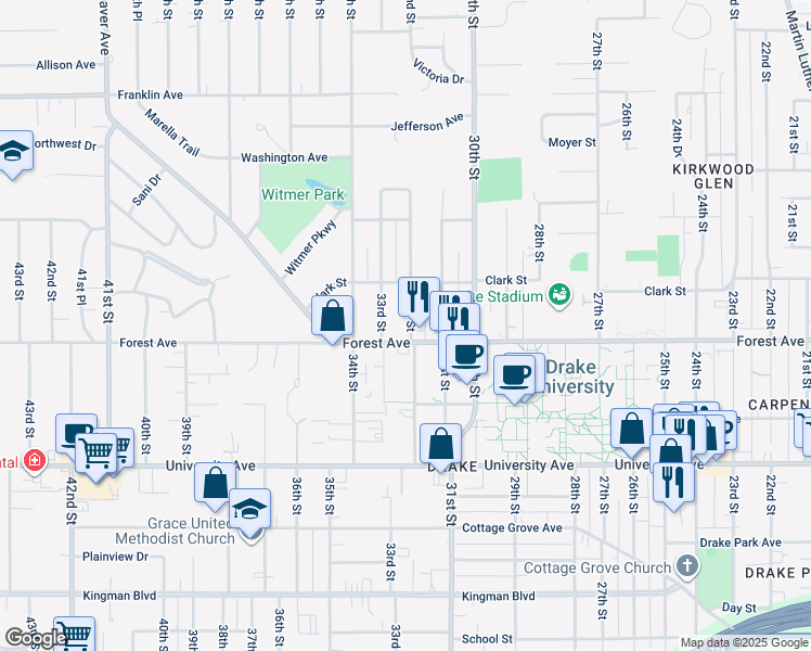 map of restaurants, bars, coffee shops, grocery stores, and more near 3211 Forest Avenue in Des Moines