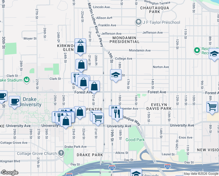 map of restaurants, bars, coffee shops, grocery stores, and more near 1410 19th Street in Des Moines