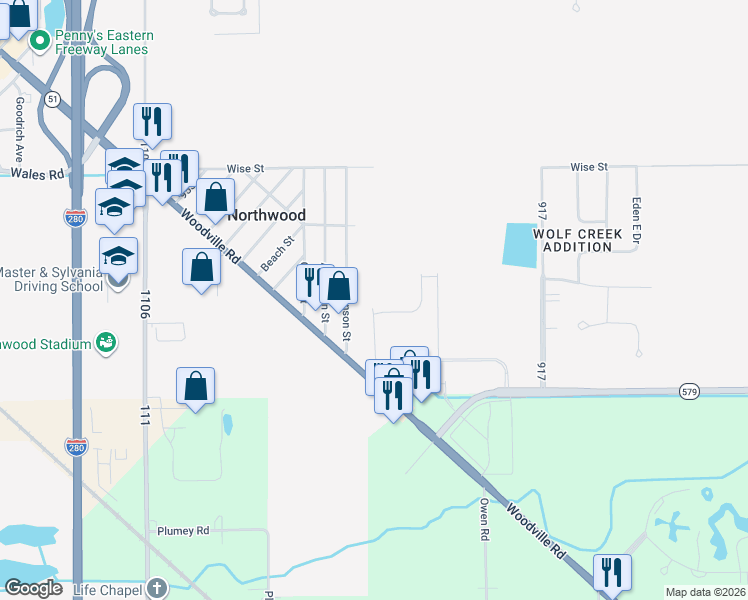 map of restaurants, bars, coffee shops, grocery stores, and more near 931 Hanson Street in Northwood