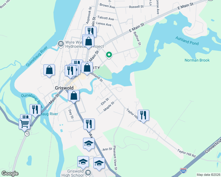 map of restaurants, bars, coffee shops, grocery stores, and more near 106 Ashland Street in Griswold