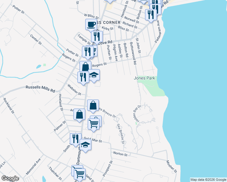 map of restaurants, bars, coffee shops, grocery stores, and more near 654 Dartmouth Street in Dartmouth