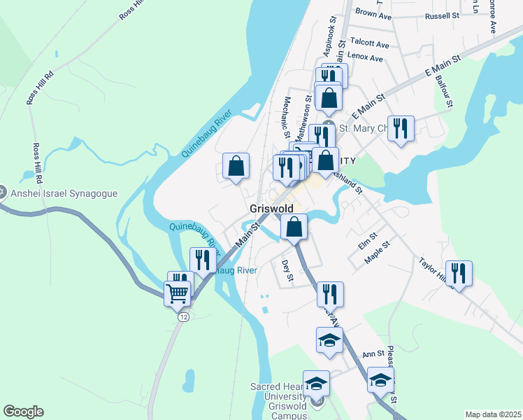map of restaurants, bars, coffee shops, grocery stores, and more near 12 S Main St in Griswold