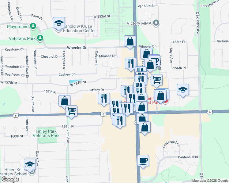 map of restaurants, bars, coffee shops, grocery stores, and more near 7315 Tiffany Drive in Orland Park