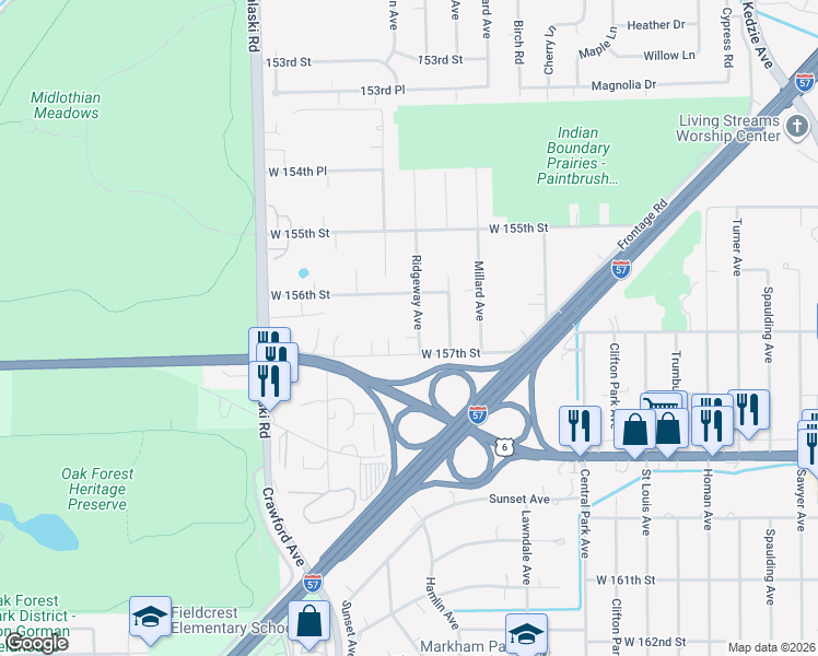 map of restaurants, bars, coffee shops, grocery stores, and more near 15652 Ridgeway Avenue in Markham