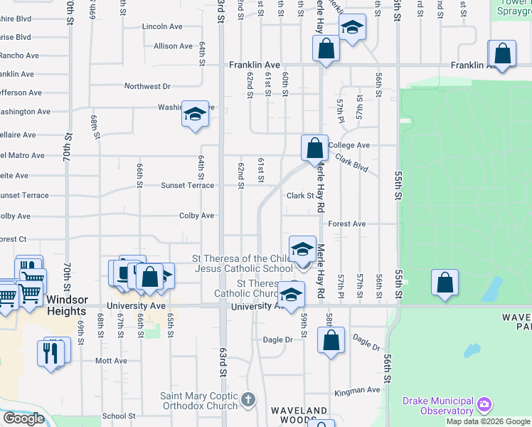 map of restaurants, bars, coffee shops, grocery stores, and more near 1400 60th Street in Des Moines