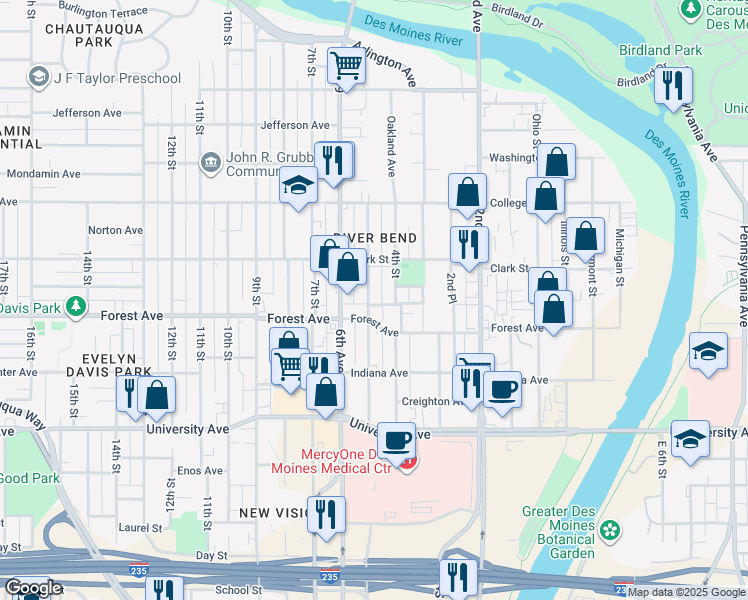 map of restaurants, bars, coffee shops, grocery stores, and more near 1427 5th Avenue in Des Moines