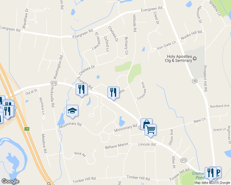 map of restaurants, bars, coffee shops, grocery stores, and more near 10 West Street Terrace in Cromwell