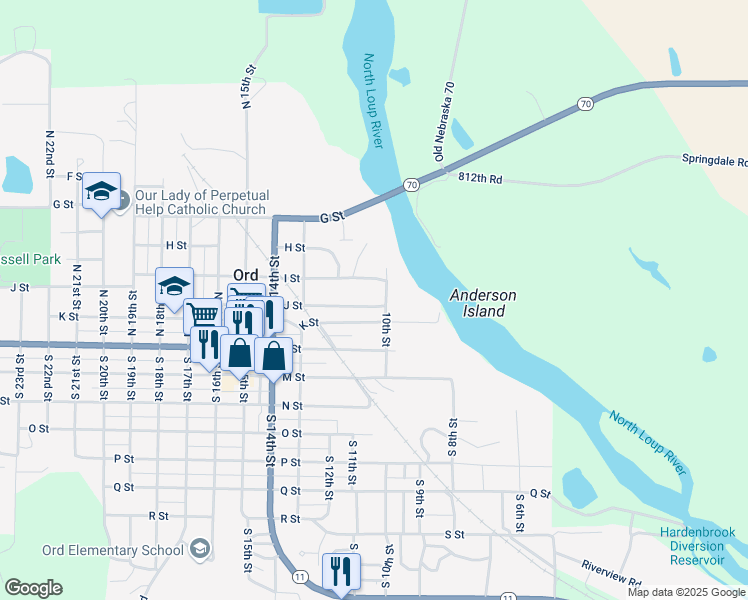 map of restaurants, bars, coffee shops, grocery stores, and more near 200-298 10th Street in Ord