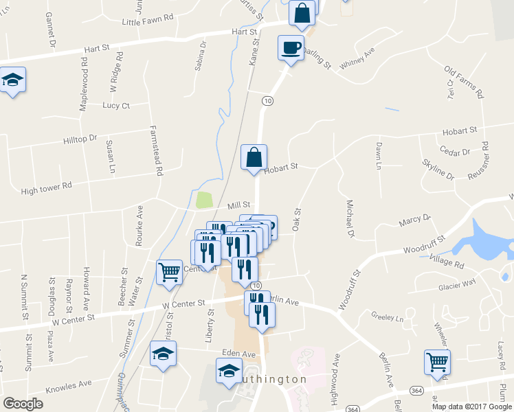 map of restaurants, bars, coffee shops, grocery stores, and more near 142 North Main Street in Southington
