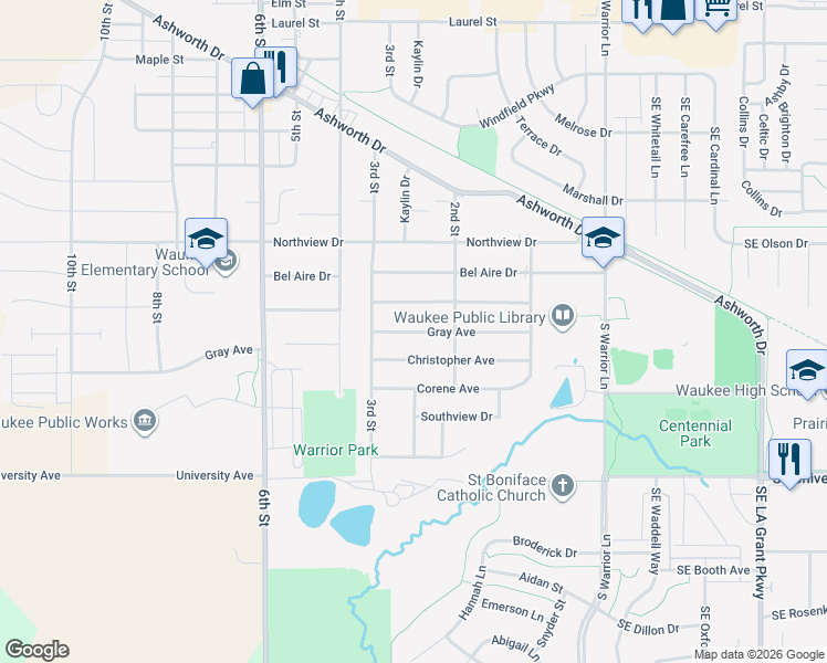 map of restaurants, bars, coffee shops, grocery stores, and more near 265 Gray Avenue in Waukee