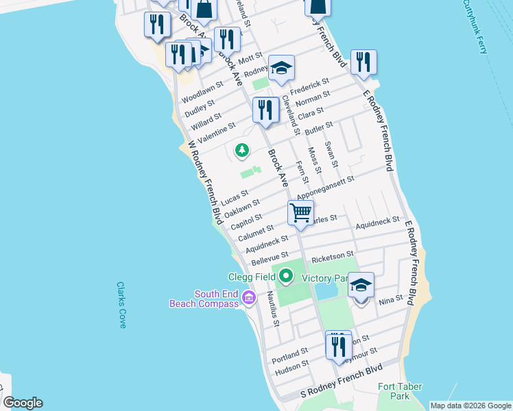 map of restaurants, bars, coffee shops, grocery stores, and more near 65 Capitol Street in New Bedford