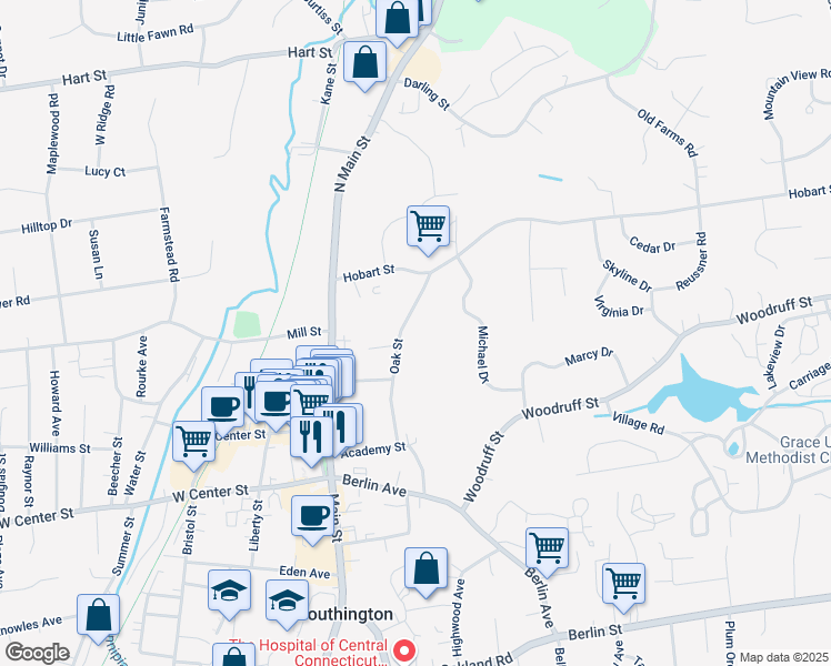 map of restaurants, bars, coffee shops, grocery stores, and more near 109 Oak Street in Southington
