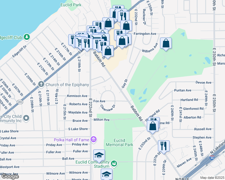 map of restaurants, bars, coffee shops, grocery stores, and more near 490 Kenwood Drive in Euclid
