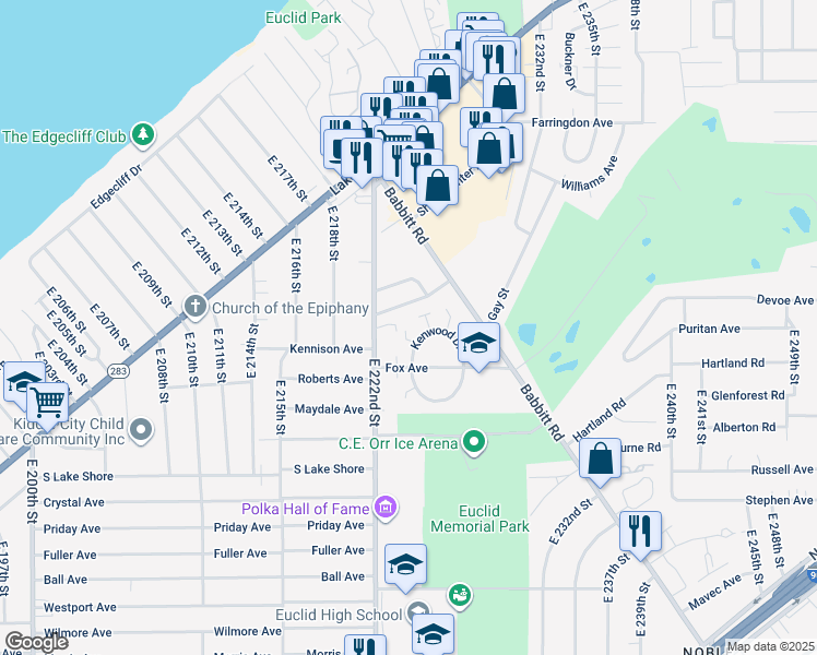 map of restaurants, bars, coffee shops, grocery stores, and more near 4301 Kenwood Drive in Euclid