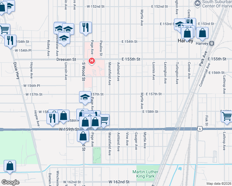 map of restaurants, bars, coffee shops, grocery stores, and more near 15711 Marshfield Avenue in Harvey
