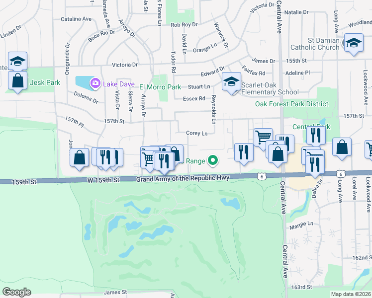 map of restaurants, bars, coffee shops, grocery stores, and more near 15828 Terrace Drive in Oak Forest