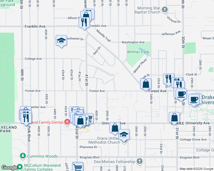 map of restaurants, bars, coffee shops, grocery stores, and more near 1348 39th Street in Des Moines