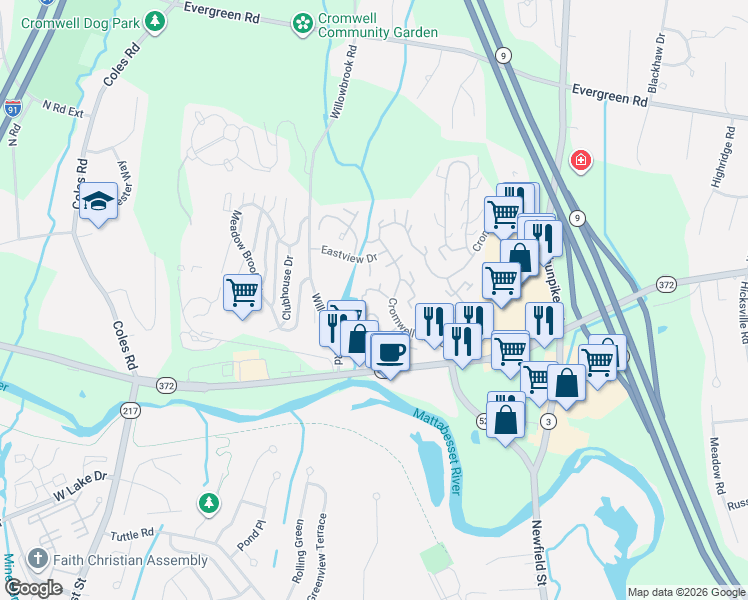 map of restaurants, bars, coffee shops, grocery stores, and more near 1 Pine Court in Cromwell