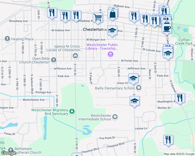 map of restaurants, bars, coffee shops, grocery stores, and more near 800-878 S Park Dr in Chesterton