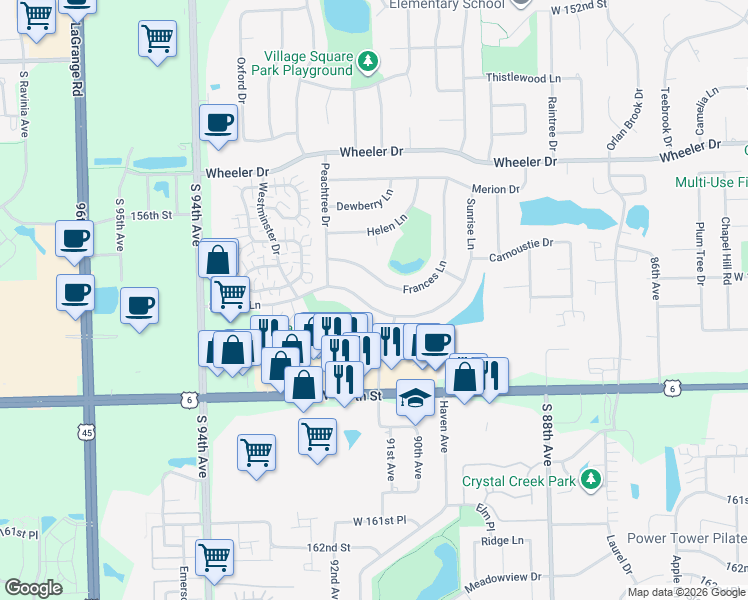 map of restaurants, bars, coffee shops, grocery stores, and more near 9101 Sunrise Lane in Orland Park