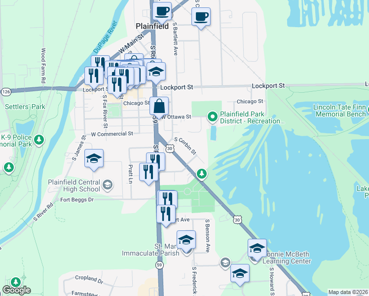 map of restaurants, bars, coffee shops, grocery stores, and more near 15325 Joliet Road in Plainfield
