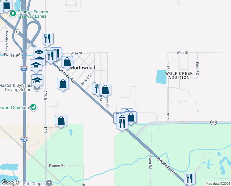 map of restaurants, bars, coffee shops, grocery stores, and more near 931 Hanson Street in Northwood