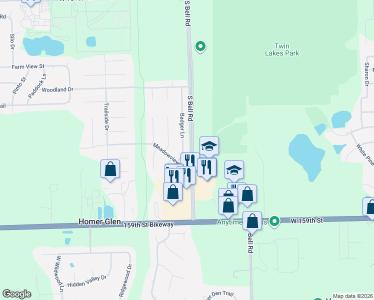 map of restaurants, bars, coffee shops, grocery stores, and more near 12810 Meadowview Lane in Homer Glen
