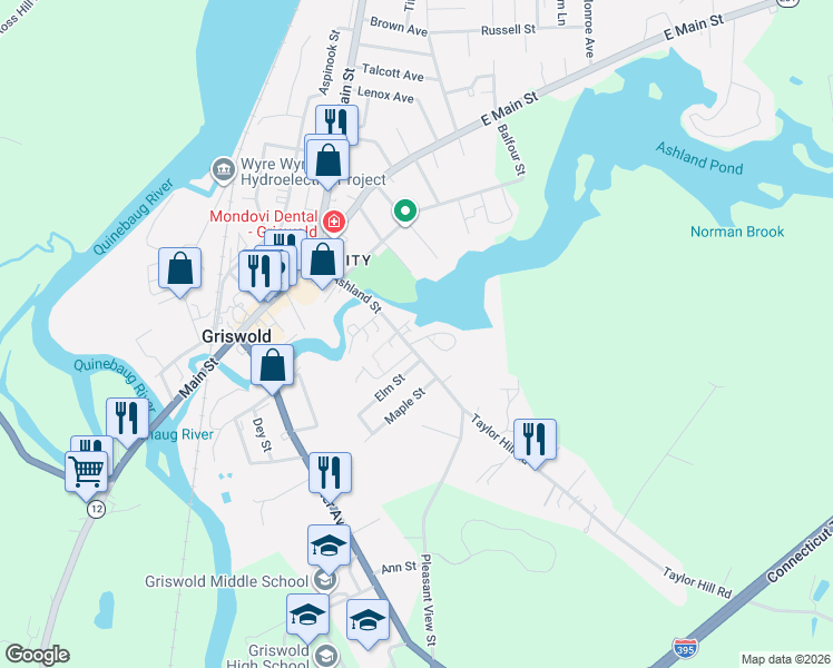 map of restaurants, bars, coffee shops, grocery stores, and more near 109 Ashland Street in Griswold