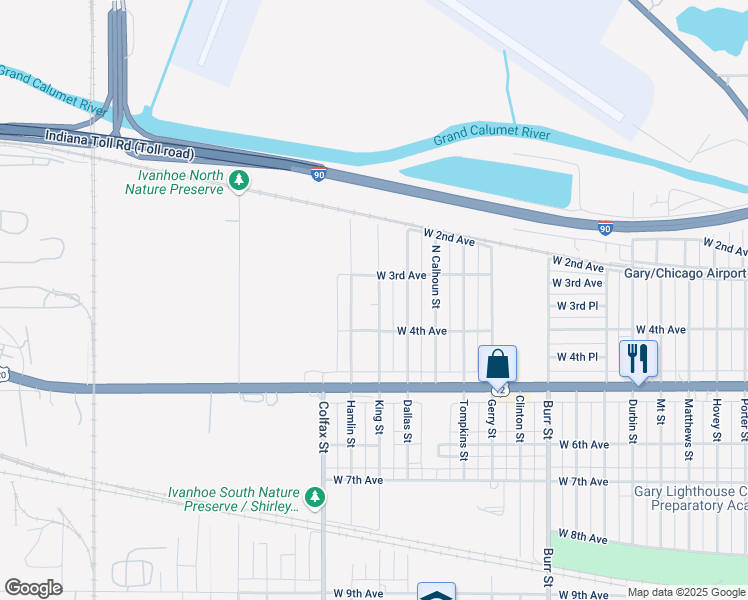 map of restaurants, bars, coffee shops, grocery stores, and more near 372 King St in Gary