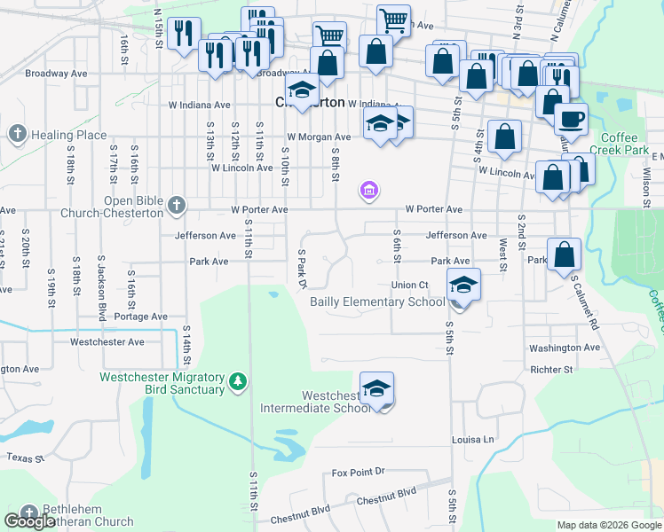 map of restaurants, bars, coffee shops, grocery stores, and more near 800 South Park Drive in Chesterton