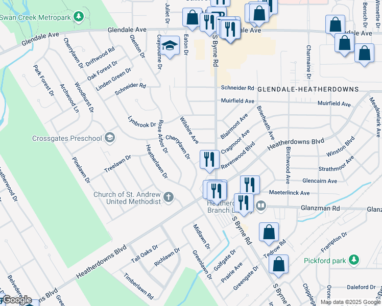 map of restaurants, bars, coffee shops, grocery stores, and more near 2020 Cherrylawn Drive in Toledo