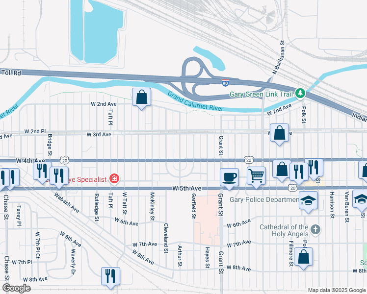 map of restaurants, bars, coffee shops, grocery stores, and more near 369 Arthur Street in Gary