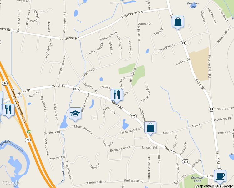 map of restaurants, bars, coffee shops, grocery stores, and more near 17 W Street Terrace in Cromwell