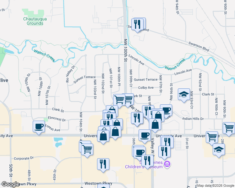 map of restaurants, bars, coffee shops, grocery stores, and more near 10000 Clark Street in Clive