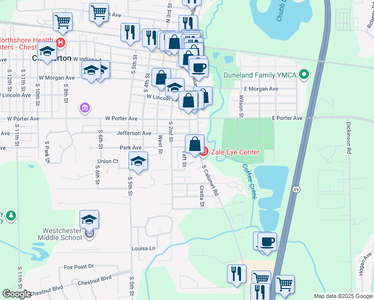 map of restaurants, bars, coffee shops, grocery stores, and more near 701 Taft Street in Chesterton