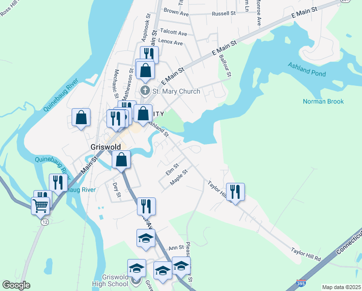 map of restaurants, bars, coffee shops, grocery stores, and more near 109 Ashland Street in Griswold