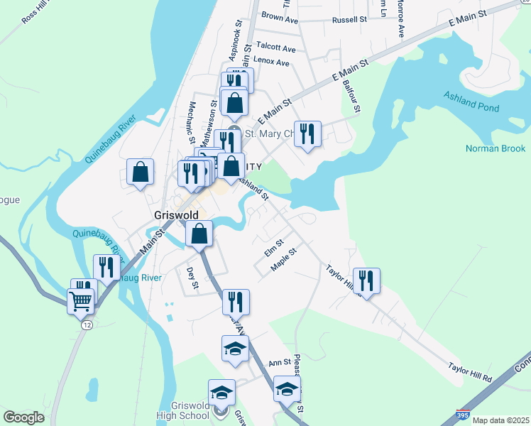 map of restaurants, bars, coffee shops, grocery stores, and more near 12-A-C Burleson Lane in Griswold