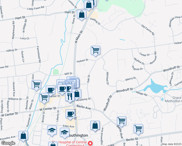 map of restaurants, bars, coffee shops, grocery stores, and more near 109 Oak Street in Southington