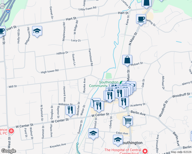 map of restaurants, bars, coffee shops, grocery stores, and more near 182 Water Street in Southington