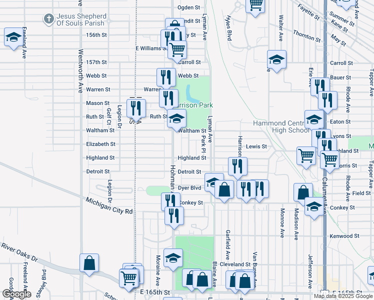 map of restaurants, bars, coffee shops, grocery stores, and more near 232 Highland Street in Hammond