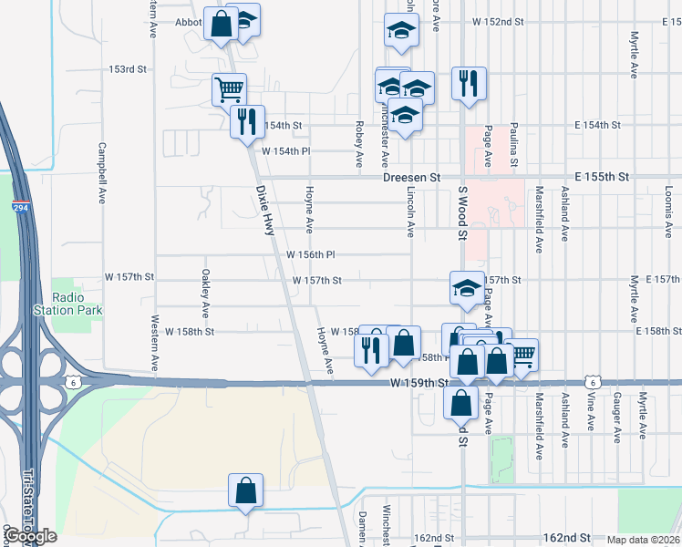 map of restaurants, bars, coffee shops, grocery stores, and more near 121 West 157th Place in Harvey