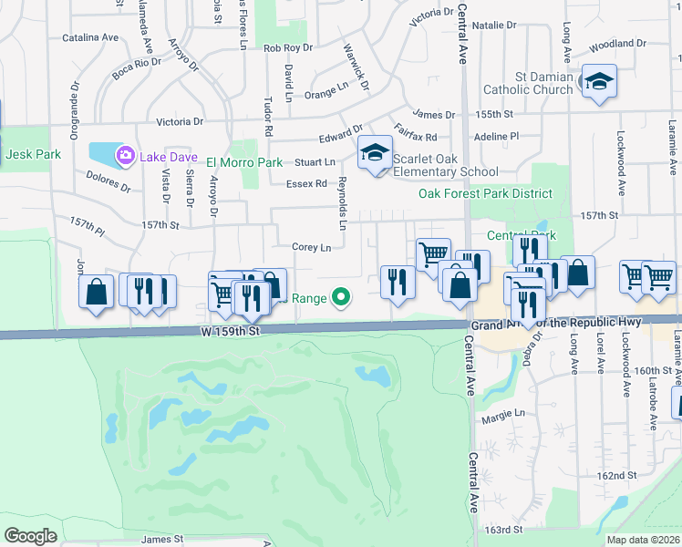 map of restaurants, bars, coffee shops, grocery stores, and more near 5800 West 159th Street in Oak Forest