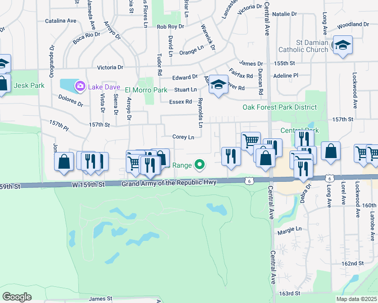 map of restaurants, bars, coffee shops, grocery stores, and more near 15841 Terrace Drive in Oak Forest