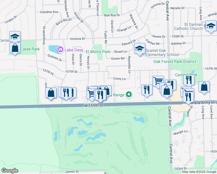 map of restaurants, bars, coffee shops, grocery stores, and more near 15828 Terrace Drive in Oak Forest