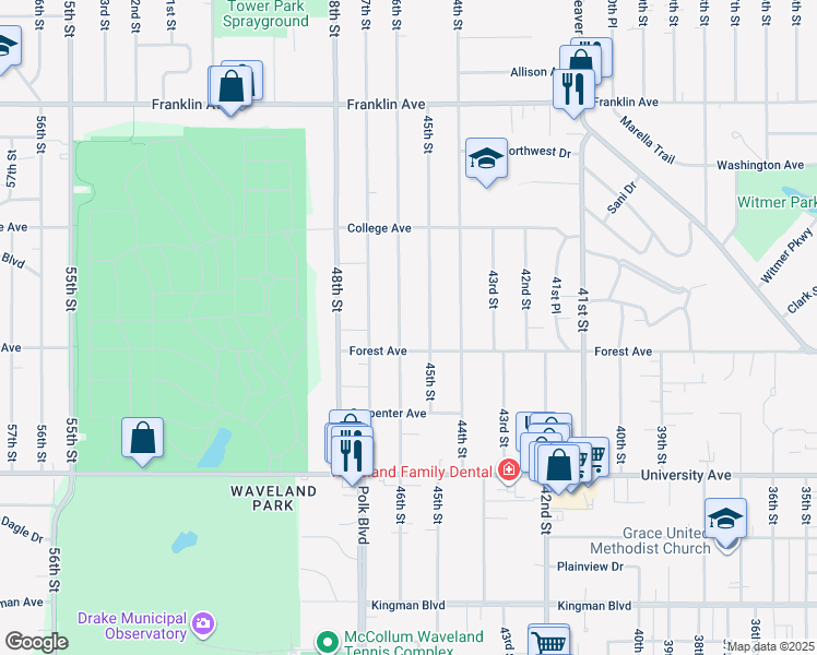 map of restaurants, bars, coffee shops, grocery stores, and more near 4507 Forest Avenue in Des Moines