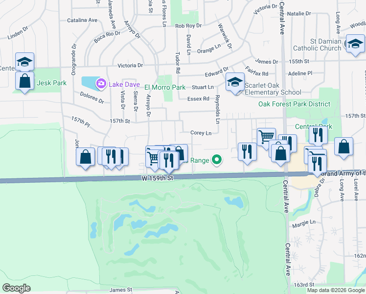 map of restaurants, bars, coffee shops, grocery stores, and more near 15828 Terrace Drive in Oak Forest
