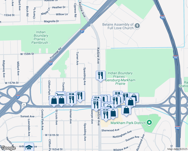 map of restaurants, bars, coffee shops, grocery stores, and more near 15710 Sawyer Avenue in Markham