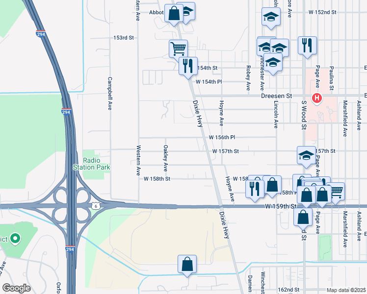 map of restaurants, bars, coffee shops, grocery stores, and more near 2240 West 157th Street in Markham