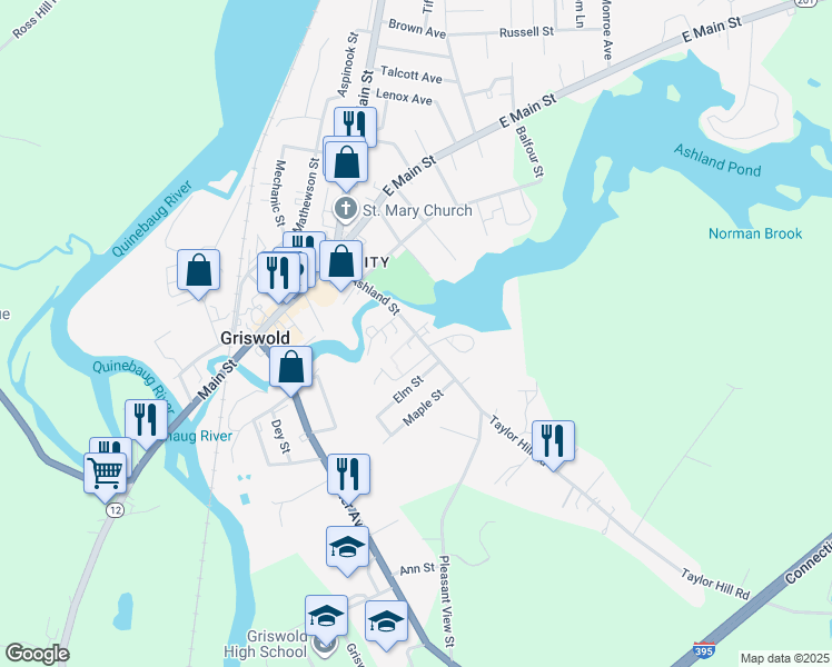 map of restaurants, bars, coffee shops, grocery stores, and more near Ashland Street in Griswold