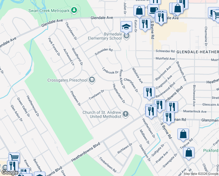 map of restaurants, bars, coffee shops, grocery stores, and more near 1916 Colony Drive in Toledo